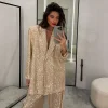 Women's Sequin Elegant Prom Party Deep V Neck Blazer &  Long Pants Set 