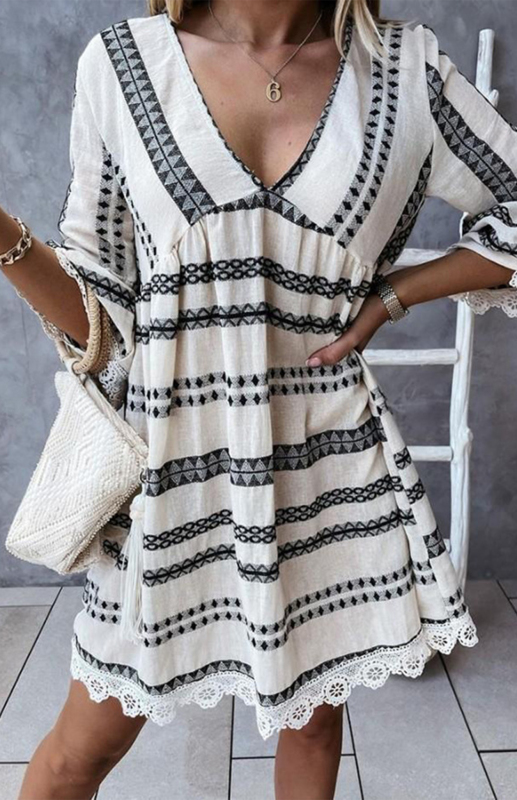 Mature Women Summer Fashion V-Neck Geometric Print Fit And Flare Sleeve Lace Dress