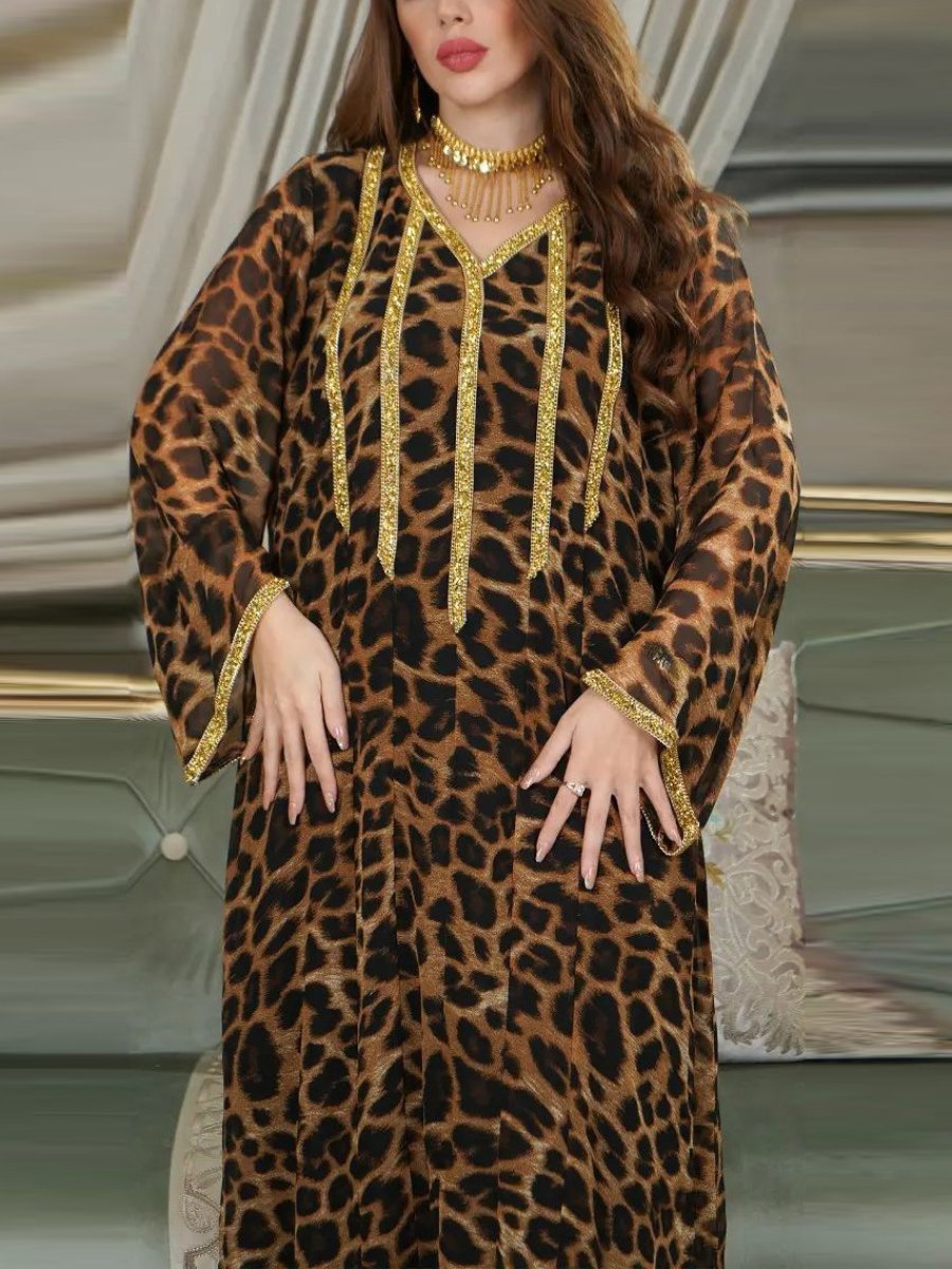 Leopard Print Golden Stripe Long Sleeve V Neck Gown | Oxredo Shop Ramadan Sale