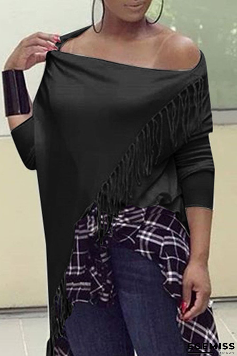 Black Fashion Casual Solid Tassel Asymmetrical Oblique Collar Tops | EGEMISS