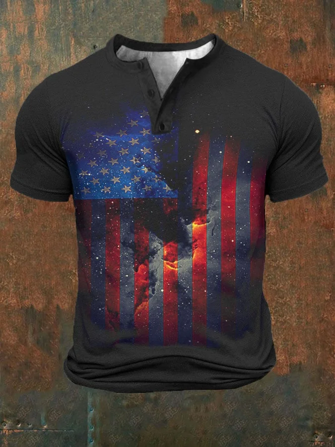 Men's American Flag Print Henley Collar T-Shirt