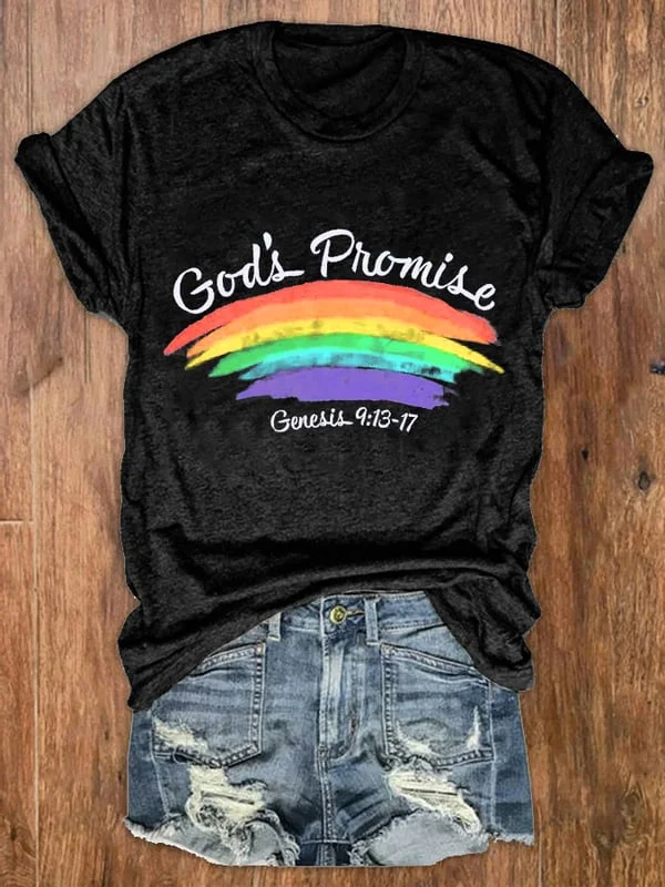 Women's God’s Promise Rainbow Genesis 9:13-17 Print Crew Neck T-Shirt