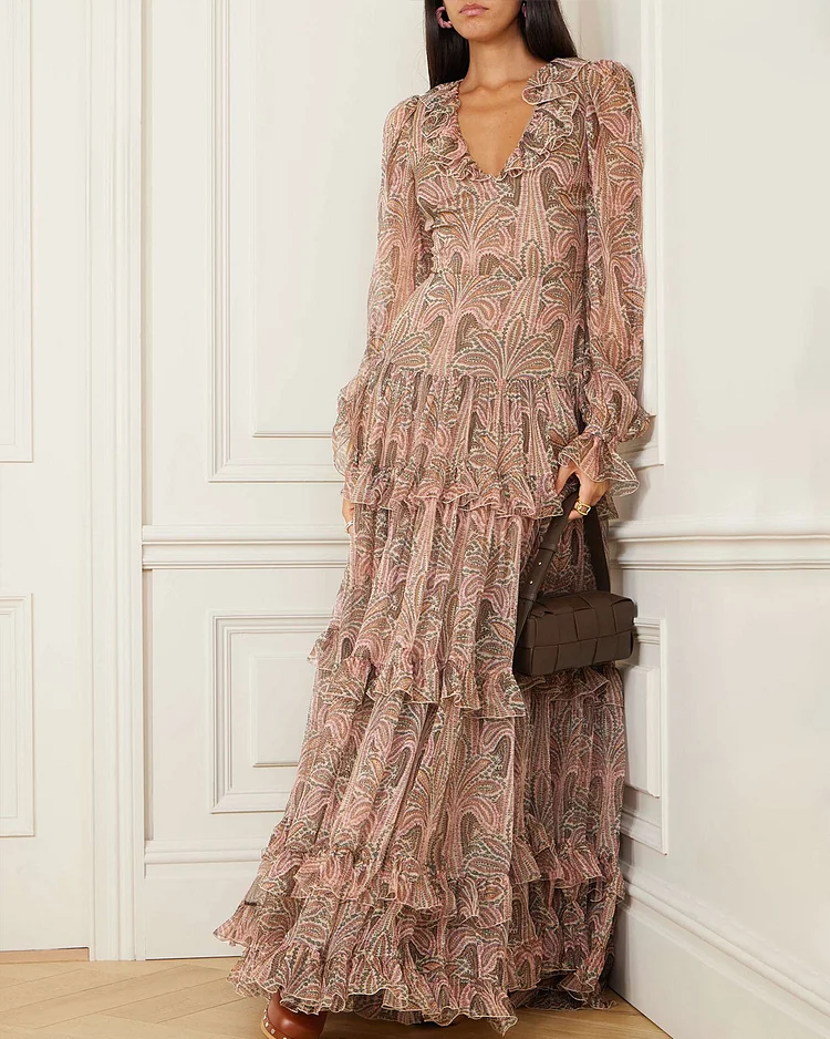 Ruffled tiered floral-print silk-crepon maxi dres
