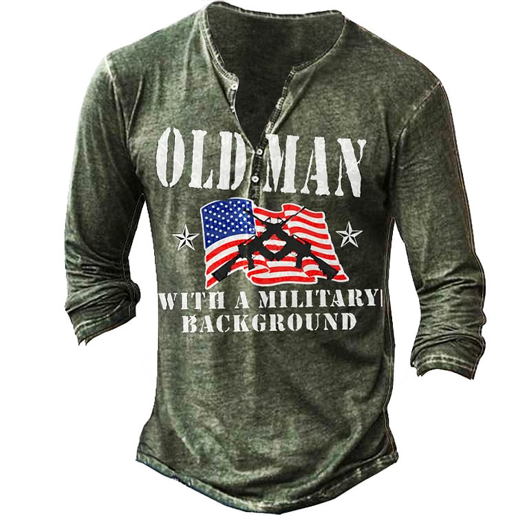 Old Men With A Militaaryi Backgrouund Men's Vintage Henley Button Long Sleeve Shirt