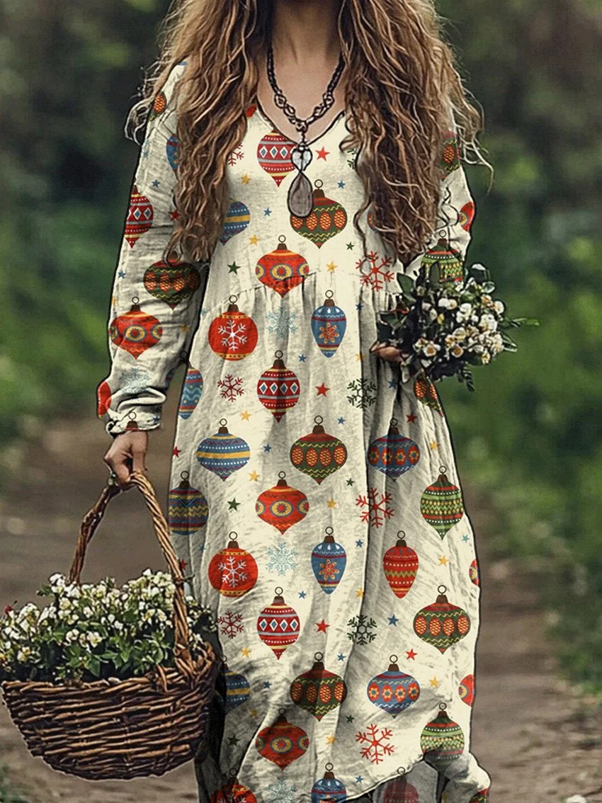 Christmas Decoration Repeat Pattern Printed Women's Pocket Cotton Dress