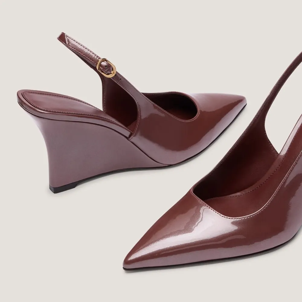 Dark Brown Patent Leather Pointed Toe Wedge Heel Slingback Pumps