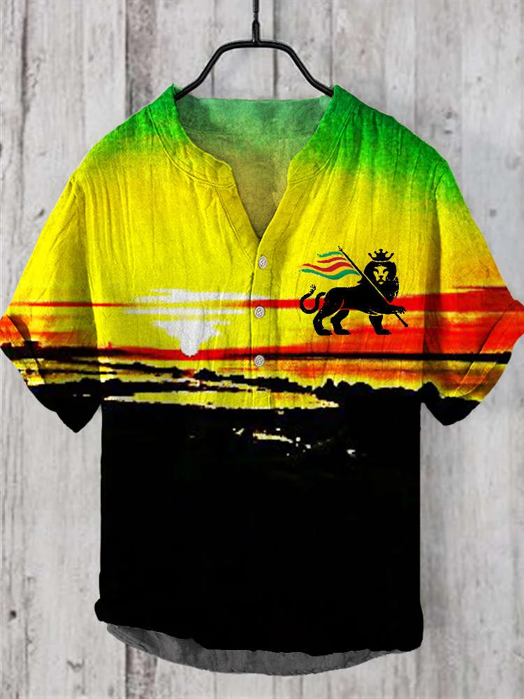 Comstylish Reggae Lion Sunset Twilight Men's V-Neck Linen Shirt