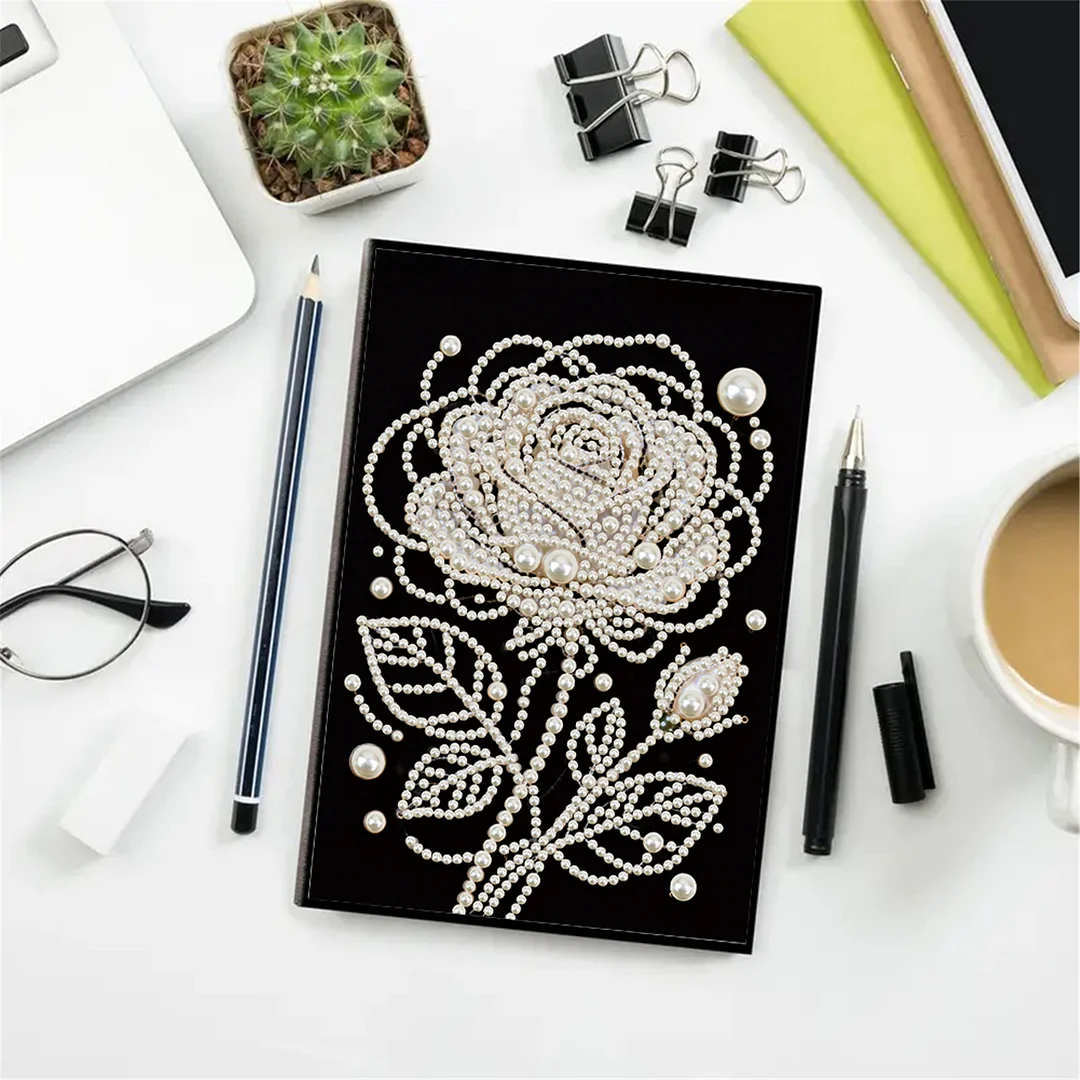Rose Partial Pearl DIY 50 Pages A5 Diamond Painting Notebook Special Shaped Diamond Art Diary Book Kits Wireless Strip 5D Crystal Art Paintings Sketchbook for Art Drawing