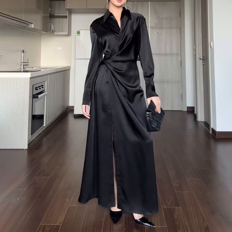 Aiertu black sweater dress outfit Women's Autumn Solid Color Lapel Elegant Lace-up Slim Fit Dress Women aiertu