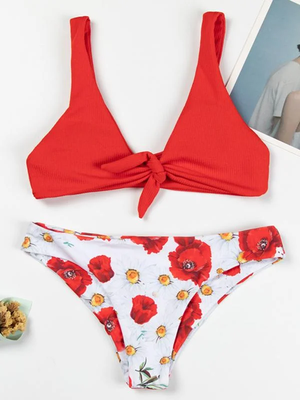Floral-Print Split-Joint Knotted Split Bikini Swimsuit