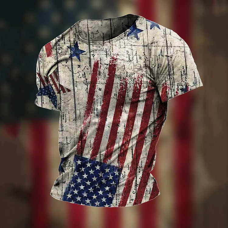 Men's Vintage Independence Day 4th Of July Flag Print Round Neck T-Shirt