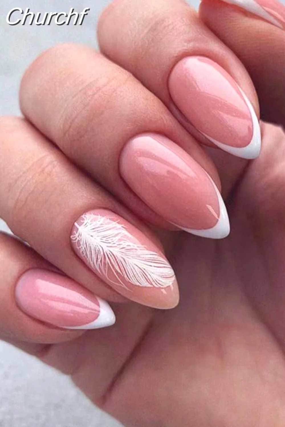 Churchf Simple False Nails Set White French Almond Fake Nails With Designs Press On Nails Manicure Full Cover Nail Tips-Nail Inspo