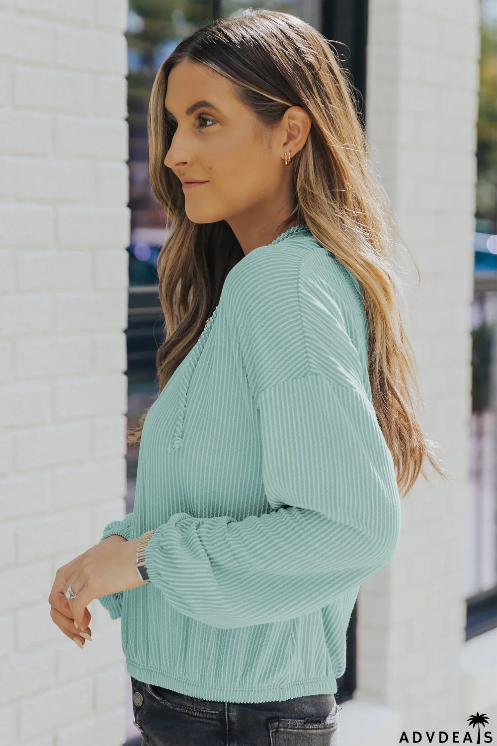 Green Loose Fit Ribbed V Neck Hoodie