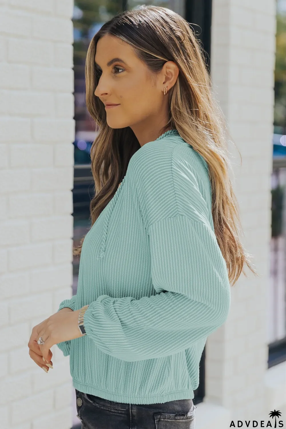 Green Loose Fit Ribbed V Neck Hoodie