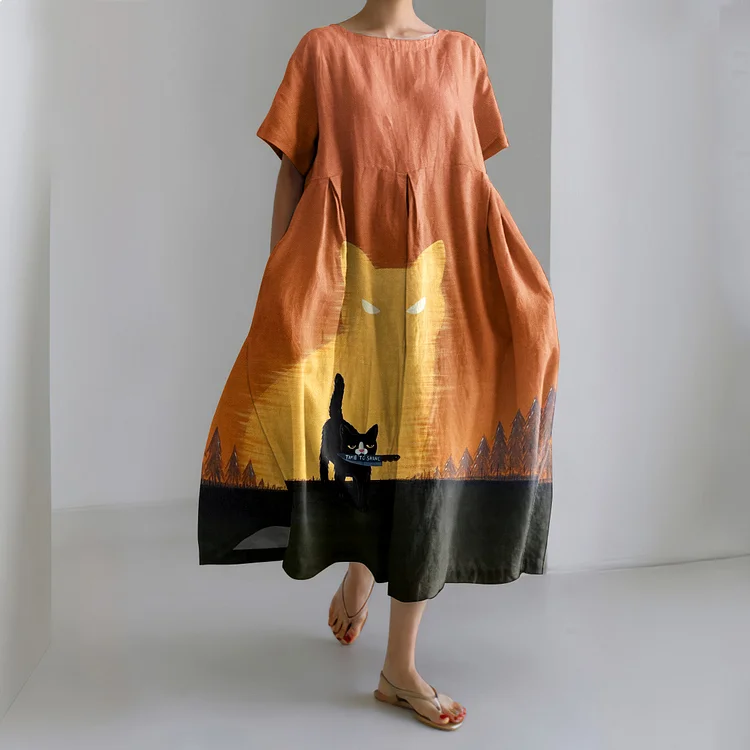 Time To Shine Cat Printed Casual Midi Dress