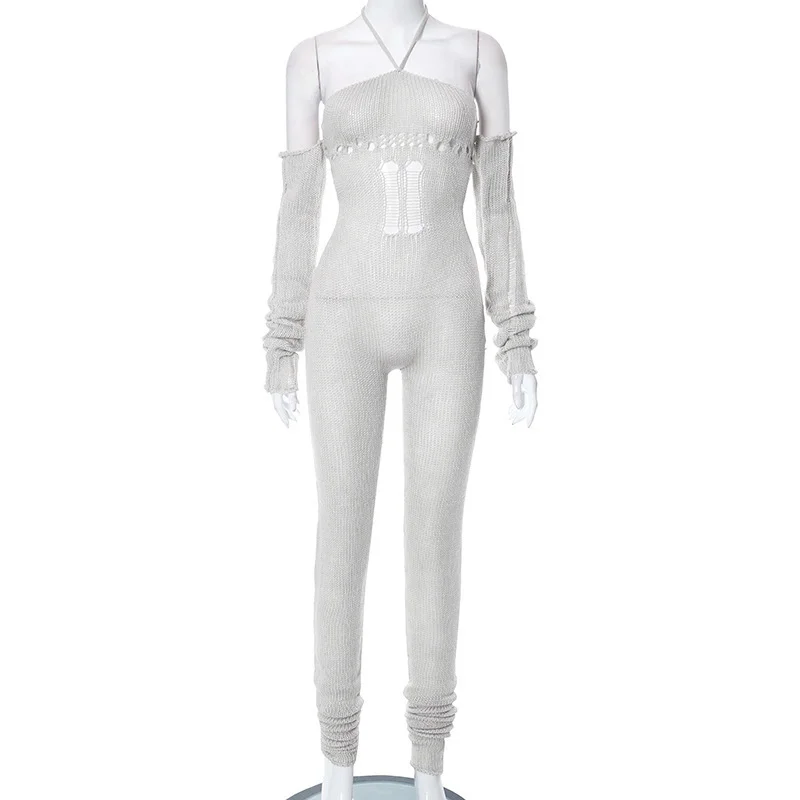 Uveng Uveng Women's 2023 Autumn And Winter 2023 New Woolen Sleeve Hanging Neck Tie Hollow Jumpsuit Pile Trousers