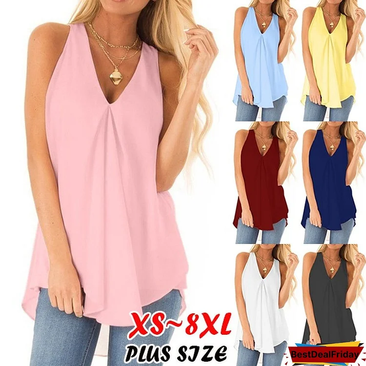 NEW Fashion Clothes Summer Women Casual Tops Loose V-neck T-shirt Solid Color Sleeveless Shirts Ladies Fashion Chiffon Pullover Tank Top Plus Size XS-8XL