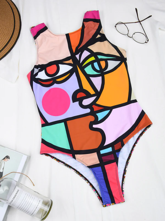 Women Abstract Figure Print Wide Straps Backless Beach One Piece Swimsuit