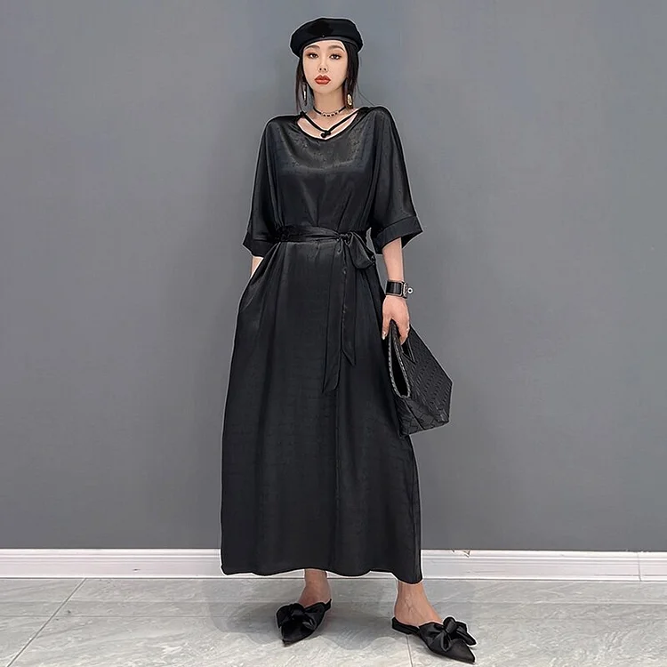 Temperament Loose Solid O-neck Lace-up Three-quarter Sleeve Dress      