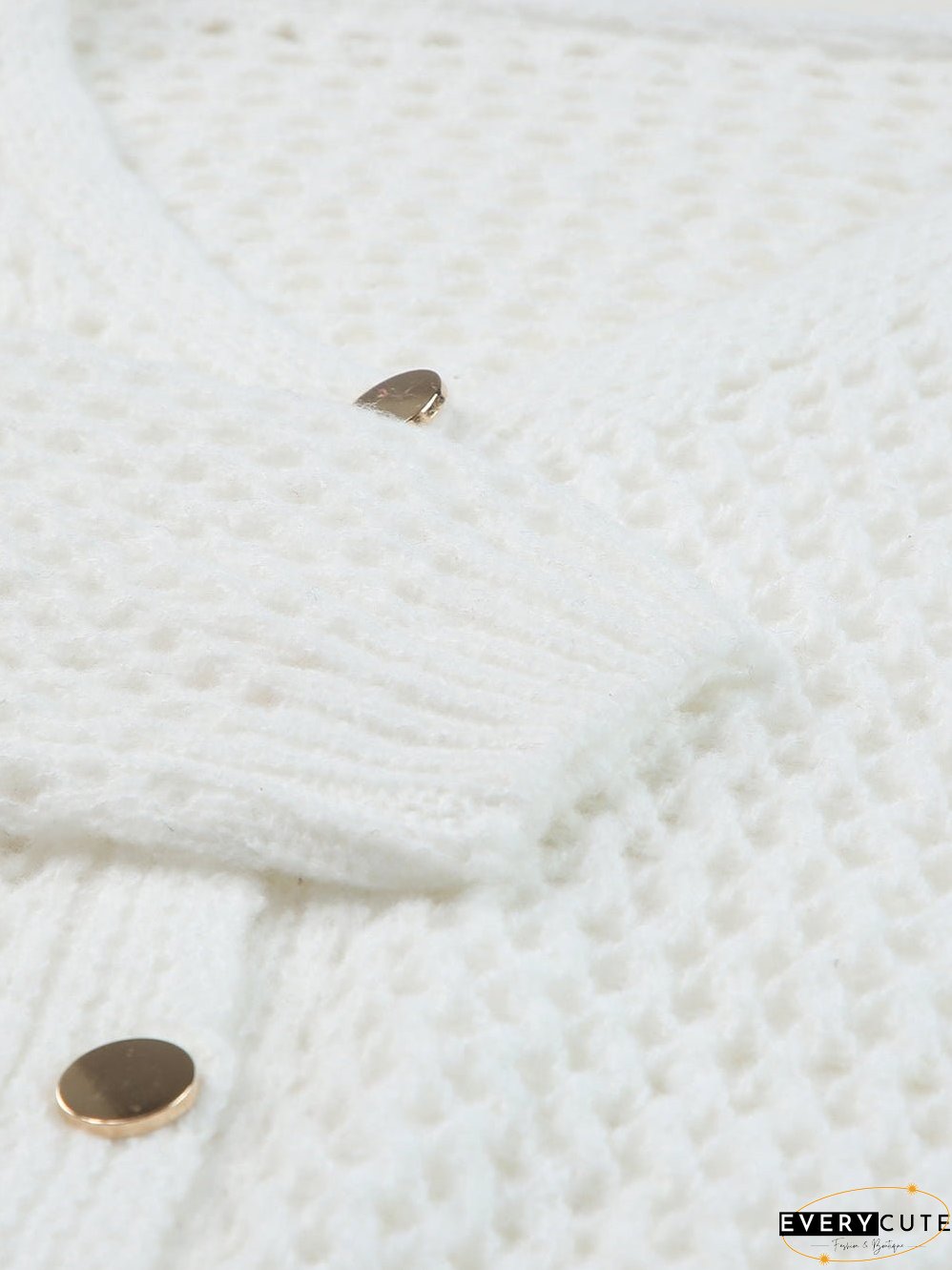 White Crochet Knit V-Neck Button-Up Cardigan