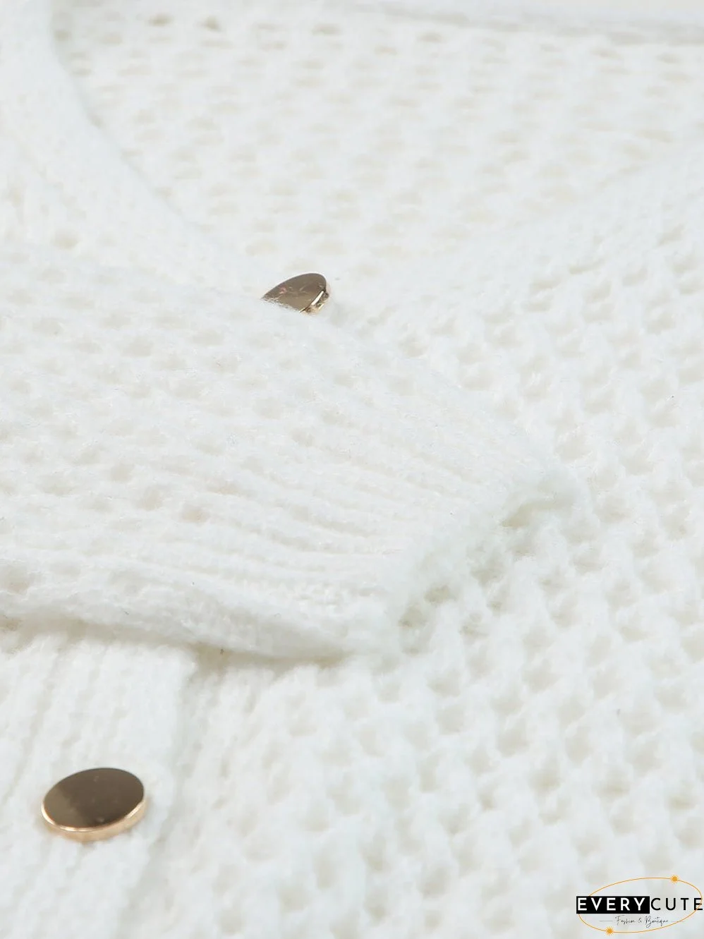 White Crochet Knit V-Neck Button-Up Cardigan