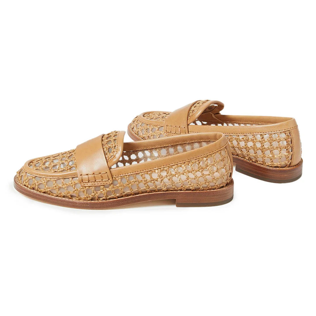 Vegan Leather Round Toe Woven Flat Comfy Loafers in Beige