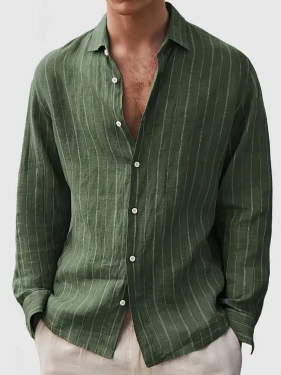 Men's Linen Striped Fashionable Long Sleeve Shirt PLUSCLOTHESMAN