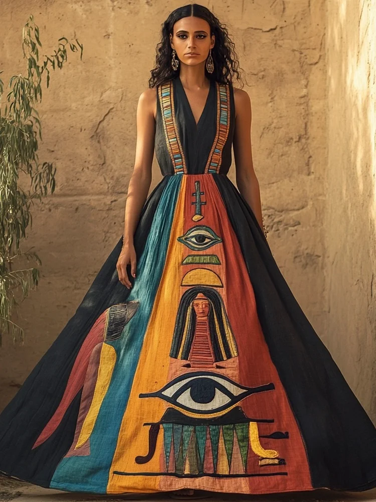 Egyptian Vintage Elements Embroidered Women's Vest Maxi Dress