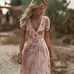 Vintage Boho Pink Roses Art Short Sleeve Maxi Dress - Image 2