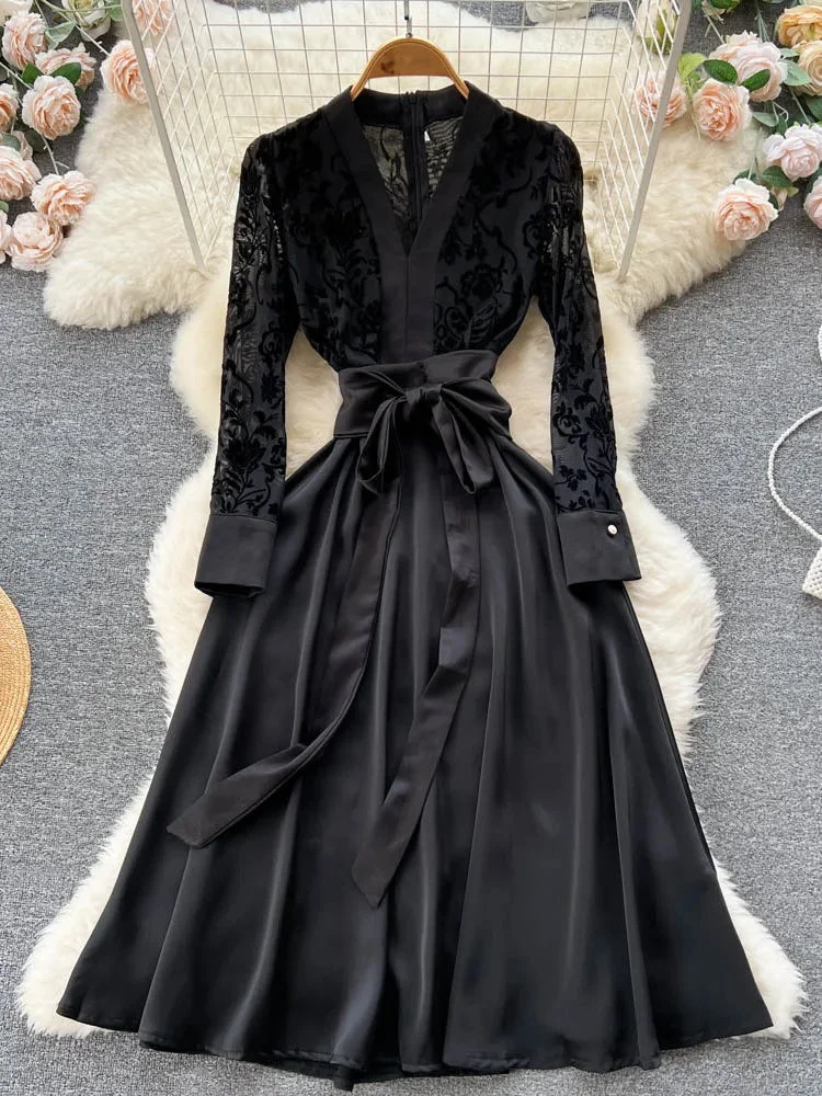 Huiketi Casual Spring Autumn Solid Slim Full Lady Dress A Line V Neck Lace Patchwork Pullover Mid-Calf High Waist Women Dresses