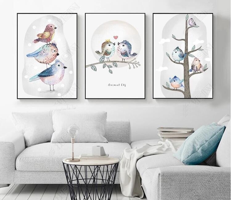 Cartoon Birds Art Prints Rectangle Canvas Bird Family Love Wall Painting Minimalism Home Bedside Decor Paintings No Frame