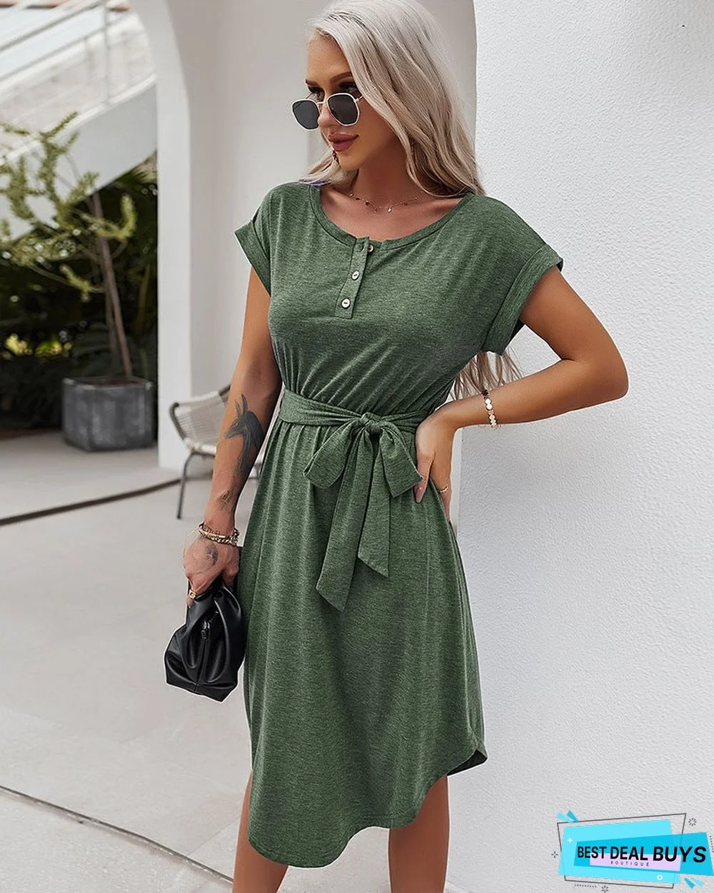 Net Color Dress Spring and Summer Short Sleeve Knitted Skirt Leisure Holiday Style