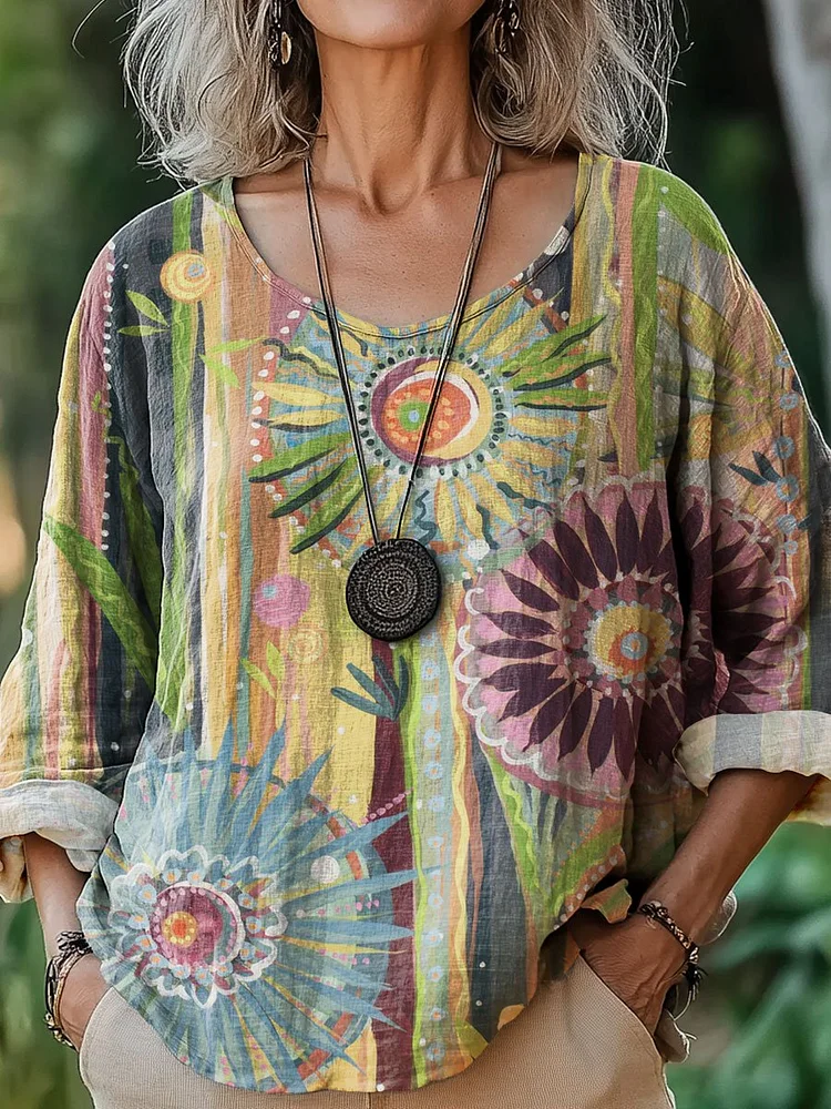 Women's Vintage Floral Abstract Art Print Casual Cotton And Linen Shirt