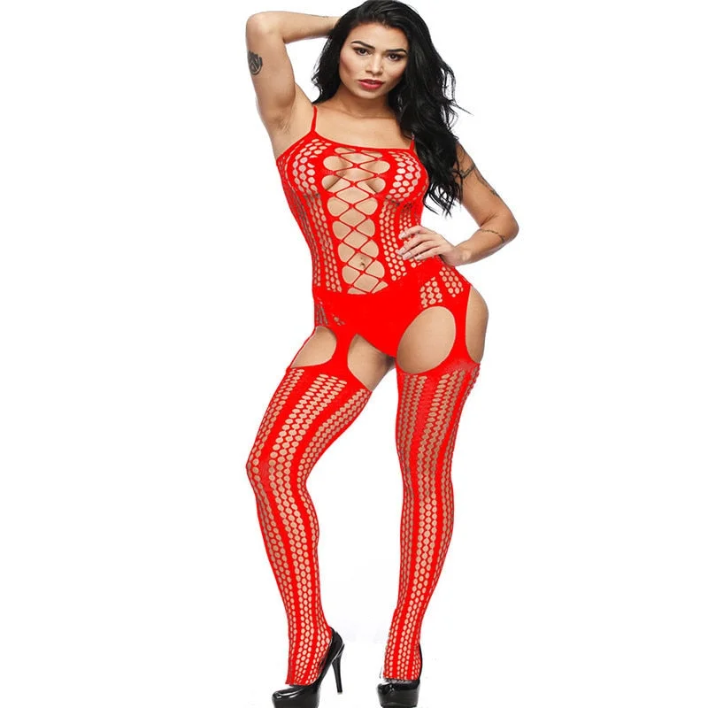 Sexy Lingerie Women's Hot Erotic Lingerie Open Open Teddy Bodysuit Hollow Elastic Mesh Suspenders Body Stockings Sexy Lingerie