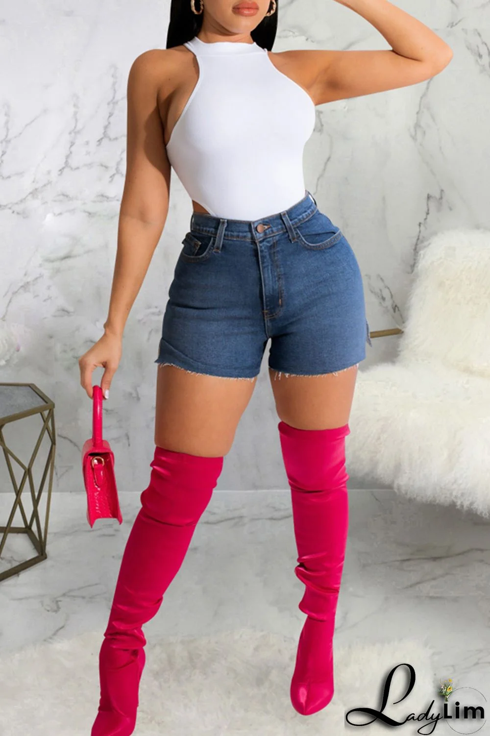 Blue Fashion Casual Solid Slit High Waist Regular Denim Shorts