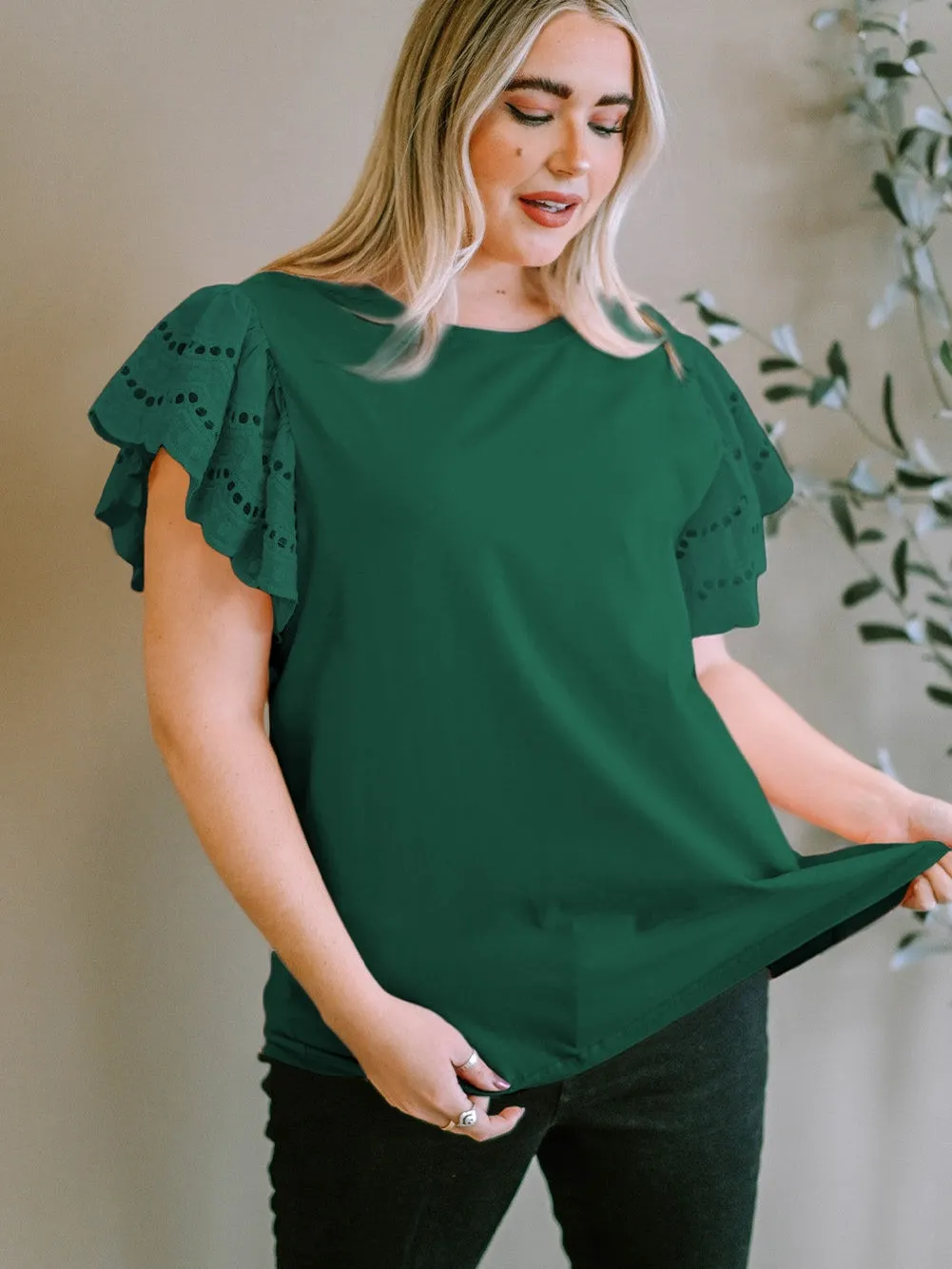 Green Eyelet Flutter Sleeve Plus Size Top