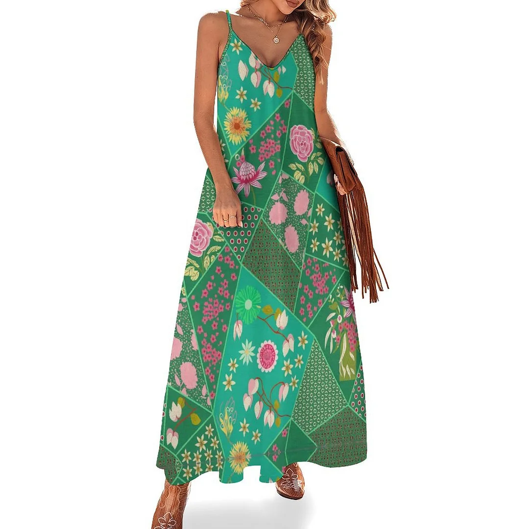 Style & Comfort for Mature Women Plus Size Printed Sling Casual Women Maxi Dress in Pattern Splicing, Green, Pink, Floral