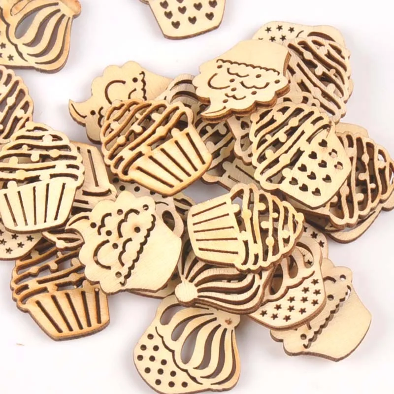 25pcs Mix Hollow Out Cake Wooden Ornament DIY Crafts Home Decoration Scrapbook Unfinished Wood Slices Accessories 25x28mm m1779