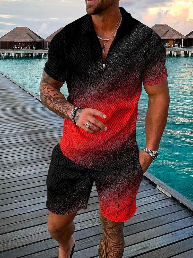 Men 'S Abstract Gradient Printing Vacation Leisure Polo Suit