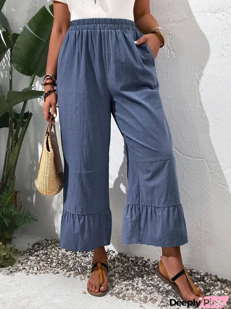 Plus Size Solid Color Frill Hem Casual Daily Wear Pants