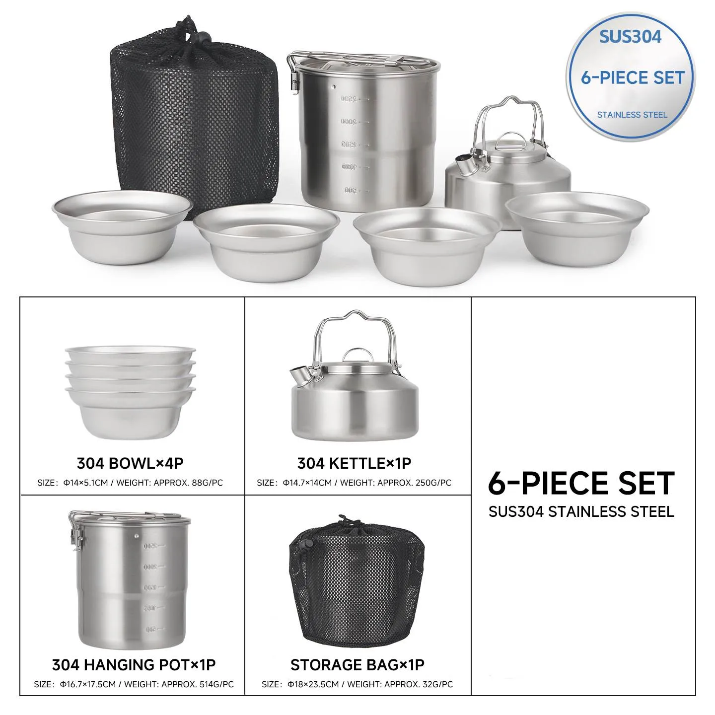 DW9002 Stainless Steel Camping Cookware Set for Outdoors - Nesting Design 