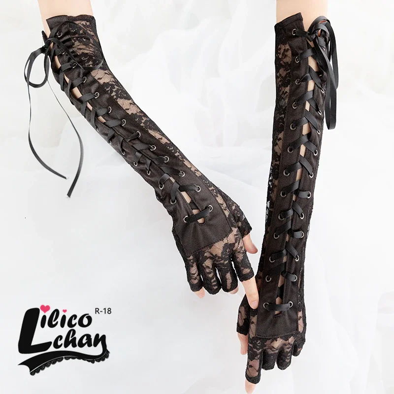 Billionm Black Lace Up Fingerless Gloves Elbow steampunk for Womens Costume Party Arm Warmer Sexy Mittens Clubwear Cosplay Accessories