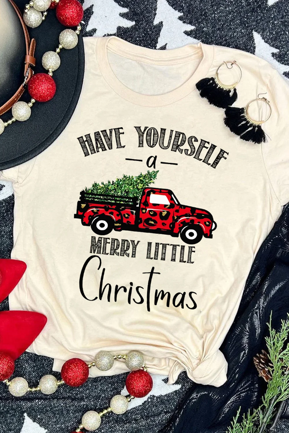 Khaki Christmas Tree Leopard Truck Print Graphic T Shirt | IFYHOME