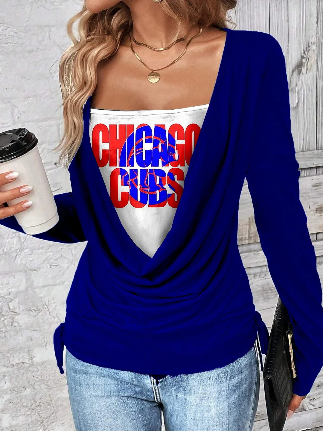 Contrast draped side drawstring T-shirt