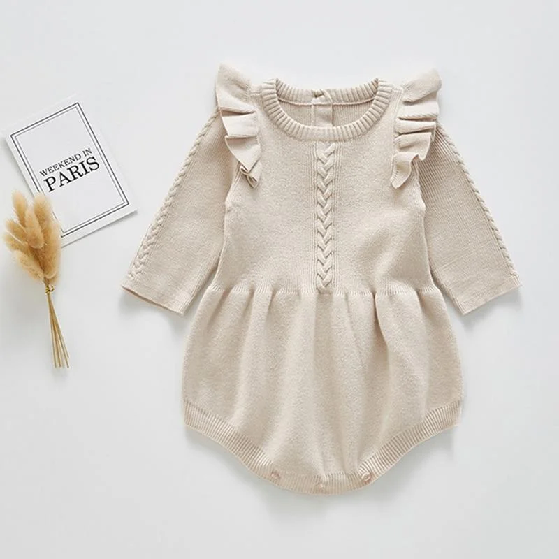 Baby Girls Knitted Bodysuit 2021 Spring Infant Newborn Long Sleeve Solid Ruffled Jumpsuit Outfit Set Baby Spring Autumn Clothing