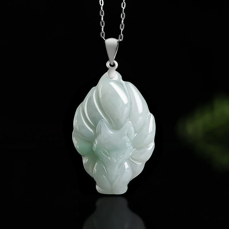 925 Sterling Silver Natural Jade Nine Tailed Fox Prosperity Necklace Pendant
