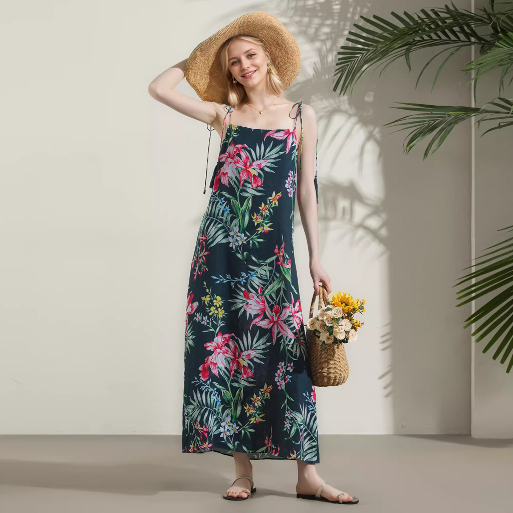 100% European Linen Beach Dress Printed Holiday Style REAL SILK LIFE