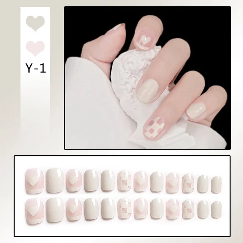 24PCS Press on nails White Black Plaid Nail Patch Cute Style Glue Type Removable Short Paragraph Manicure  False Nail Patch TY-Nail Inspo