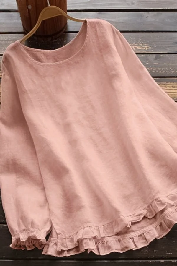 Women's Round Neck Cotton Linen Long Sleeve Blouse