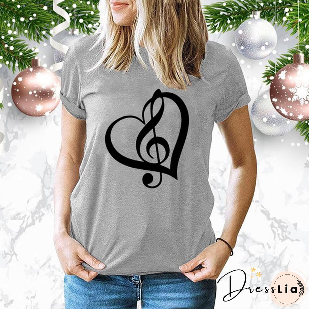 Cute Music Printed T-Shirts Women Short Sleeve Funny Round Neck Tee Shirt Casual Summer Tops